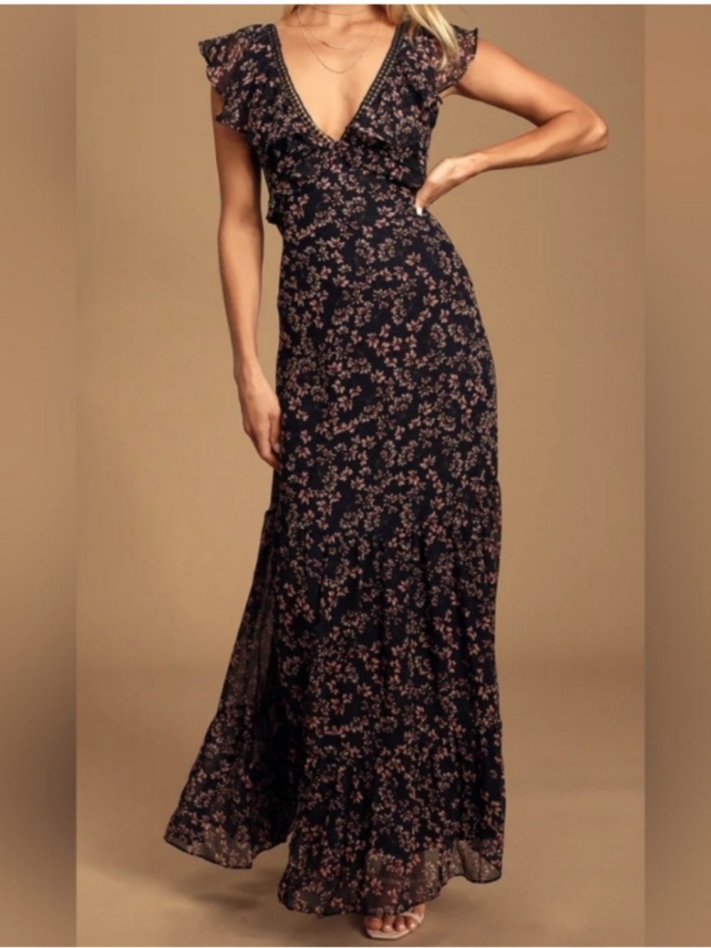 Lulu's Navy Maxi Dress with Pink Floral Print